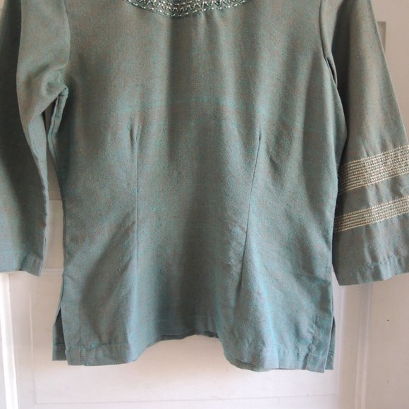 Tarsian & Blinkley Green 100% Raw Silk Beaded Afghan Top S - Picture 9 of 11